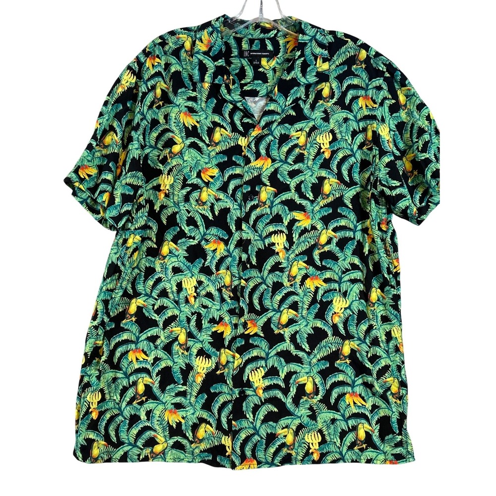 INC Mens Large Tropical Toucan Palm Rayon Camp Shirt Black Hawaiian Resortwear